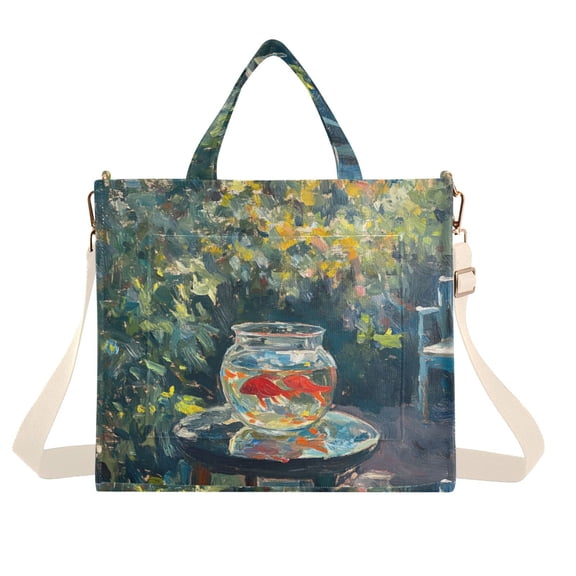 FORMRS Womens Corduroy Tote Bag Crossbody Shoulder Handbag with Pocket, Sunshine Goldfish