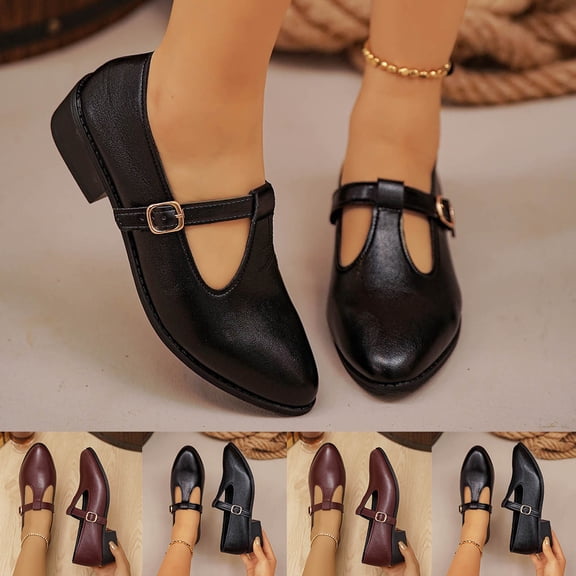 Miluxas Women's Classic Square Toe T-Strap Penny Loafers Leather Flat Low Heel Mary Jane Dress Shoes Wine 9.5(43)