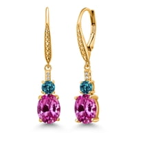 Gem Stone King 18K Yellow Gold Plated Silver Pink Created Sapphire and London Blue Topaz Dangle Earrings for Women with Lab Grown Diamond (2.69 Cttw, Oval 9X7MM)