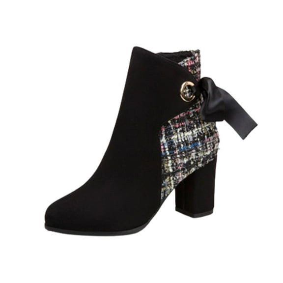 Fesfesfes Fall Boots Women Solid Splicing Bandage Retro High Heel Round Boots Shoes US:7(39)