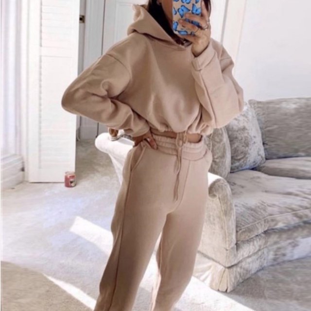 Conjunto de ropa para mujer, trajes de Jogger de Color sólido, conjuntos de sudaderas con capucha de manga larga, chándal, conjunto de 2 uds de pantalones largos con capucha y bolsillos