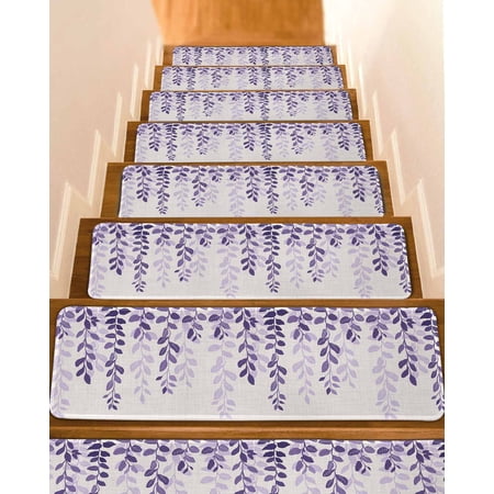 Purple Ombre Botanical Stair Treads for Wooden Steps Indoor Runner Rug Carpet Watercolor Pastoral Leaf Farmhouse 15 Pieces Peel and Stick Staircase Step Treads Covers Washable Throw Door Mats 30 x8