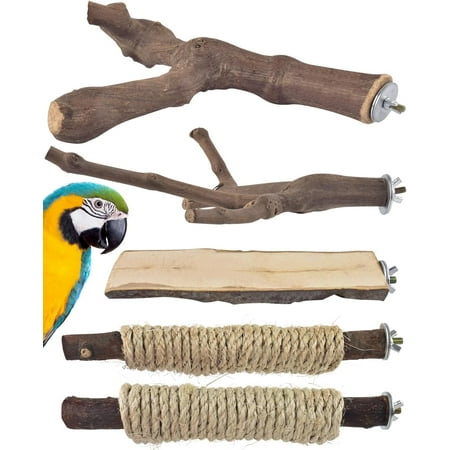 5PCS Large Bird Perch Stand, Natural Wood Pole Standing Paw Grinding Fork Parrot Cage Branch with Rope for Macaw African Grey Amazon Pet Medium Large Birds Cage Accessories