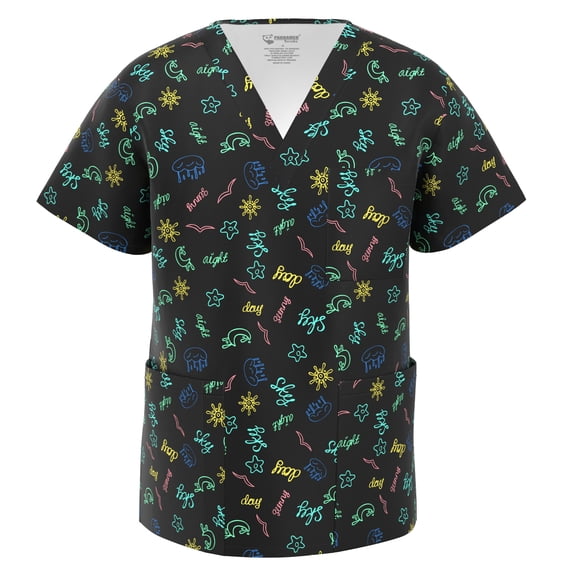 Men Stretch Print Scrub Top - Medical Uniform Men Nurse School Print Scrubs V Neck Top PSM105 M004 XL