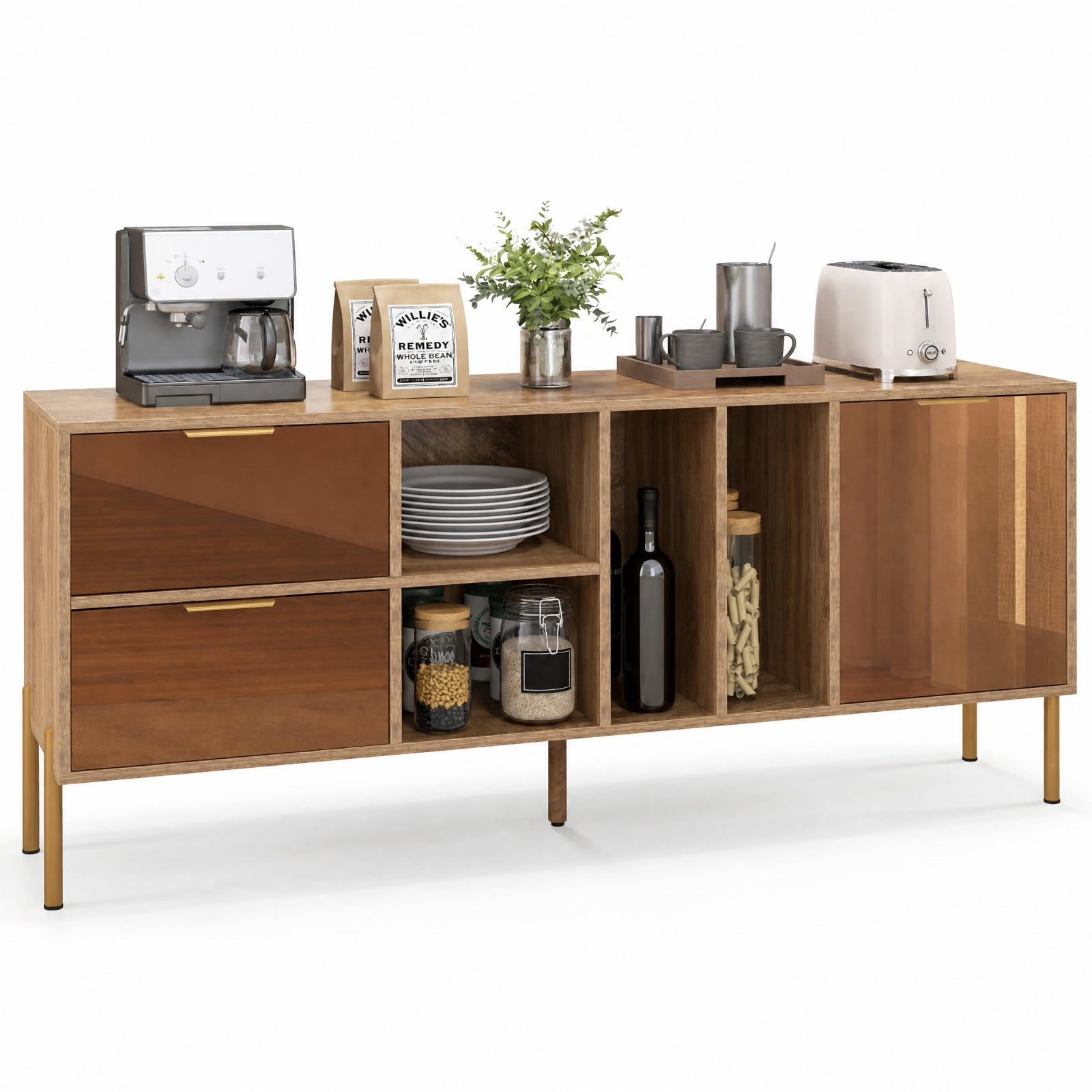 Furnibear Mirrored Buffet Cabinet with 2 Drawers and 1 Door for Living Room for Kitchen Dining Living Room Buffet Storage Server, Natural