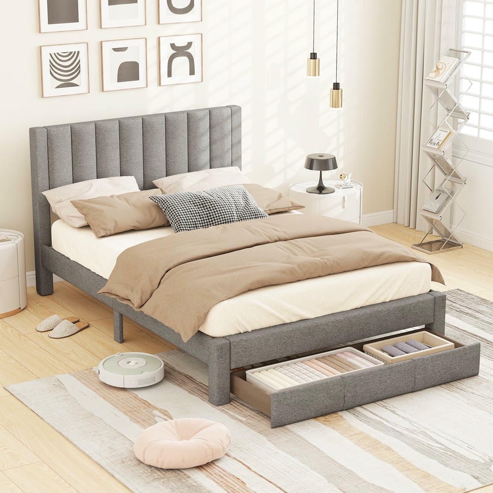 Barara King Queen Size Bedroom Bed Frame with Storage Drawer and Vertical Channel Headboard, Bed Platform Frame for Apartment, Bedroom, Beige