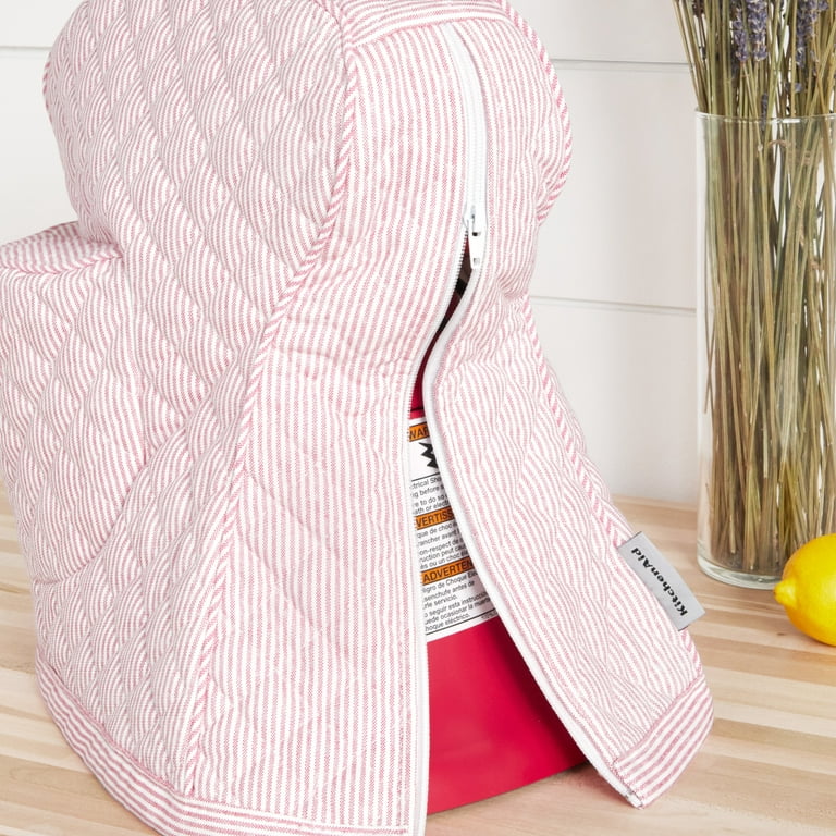 KitchenAid Fitted Tilt-Head Ticking Stripe Stand Mixer Cover with Storage Pocket, Quilted 100% Cotton, Hibiscus Pink, 14.4 inchx18 inchx10 inch