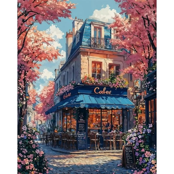Cafe Digital Painting Set for Adult Beginners, Landscape Acrylic Digital Painting Set on Canvas, Coffee Shop Watercolor Art Set (Can be used as a Home Decor Gift) 16X20 Inch Unframed
