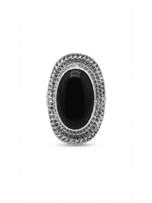 Black Oval Stone Brass Ring Unisex Silver Color Vintage Statement Ring
