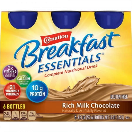 Carnation Breakfast Essentials Complete Nutritional Drink, Rich Milk Chocolate, 8 ounce Bottle, 240 Calories per Serving, 6 Count