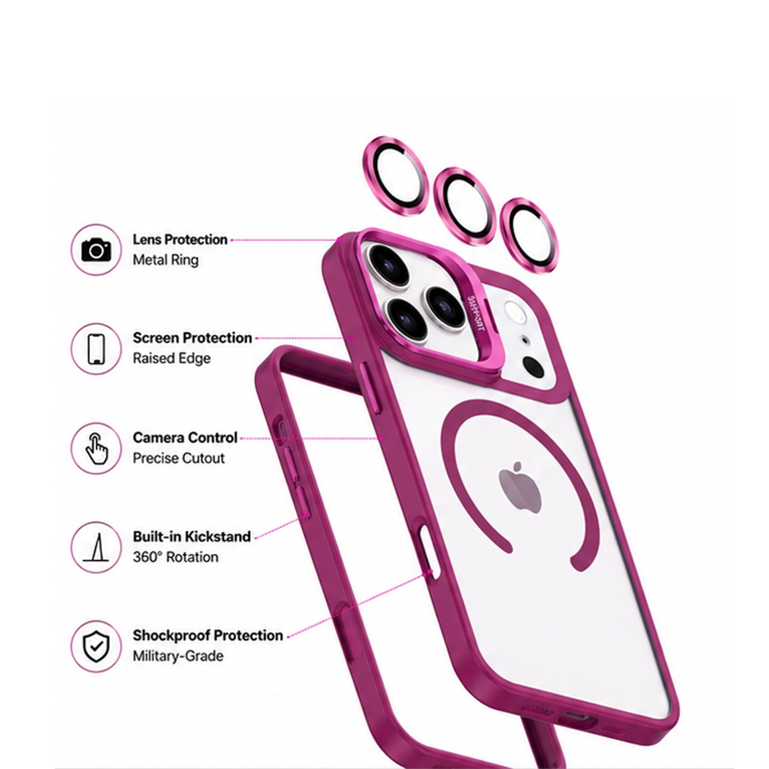 Thin Protective Clear Case with Camera Lens Cover for iPhone 17 Pro Max - Dark Pink