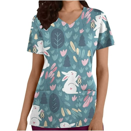 

atinetok Easter Scrub Tops for Women Easter Printed Fashion Casual Tshirt Plus Size Tops Short Sleeve V Neck Womens T Shirts