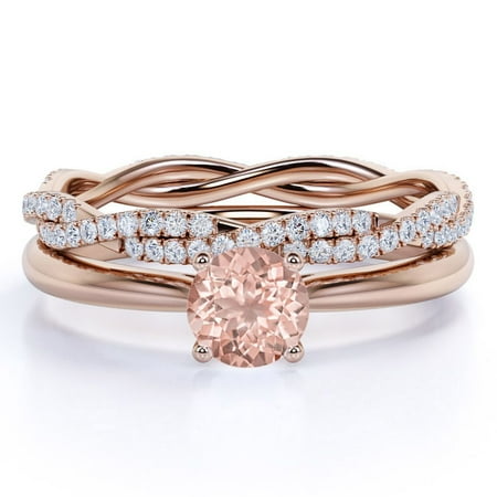 JeenMata Art Deco 1.5 Carat Round cut created morganite and Moissanite Bridal Wedding Ring Set with Engagement Ring and Wedding Band in 18k Gold Over Silver