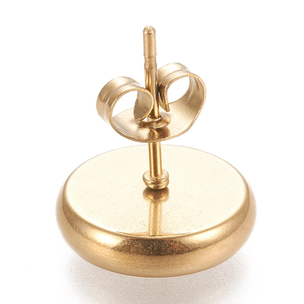 100pc Ion Plating(IP) 304 Stainless Steel Stud Earring Settings with Ear Nuts Flat Round Golden 12.5mm Pin: 0.8mm Tray: 10mm