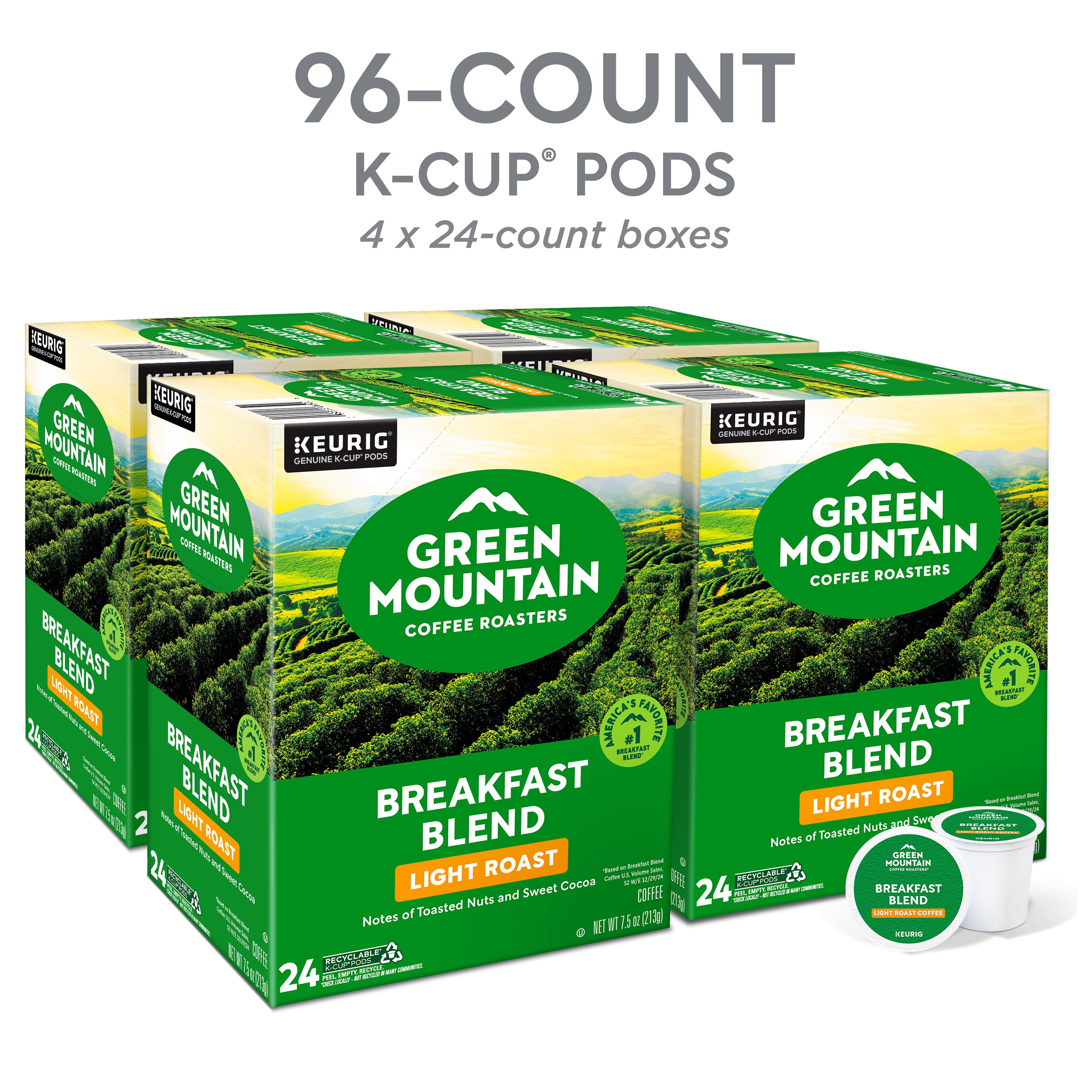 (4 pack) Green Mountain Coffee Roasters, Breakfast Blend Light Roast K-Cup Coffee Pods, 24 Count