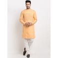 thumbnail image 1 of eloria Men's Traditional Peach-Coloured Solid Cotton Blend Thread Work Kurta Pyjama set, 1 of 7