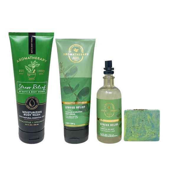 Bath & Body Works Aromatherapy Stress Relief Eucalyptus Spearmint Moisturizing Body Wash, Ultimate Hydration Body Cream and Essential Oil Mist with a Fresh Forest Bar Soap