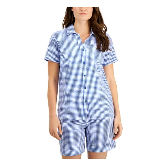 KAREN SCOTT Womens Blue Pocketed Gingham Check Short Sleeve Collared Button Up Top Petites PM