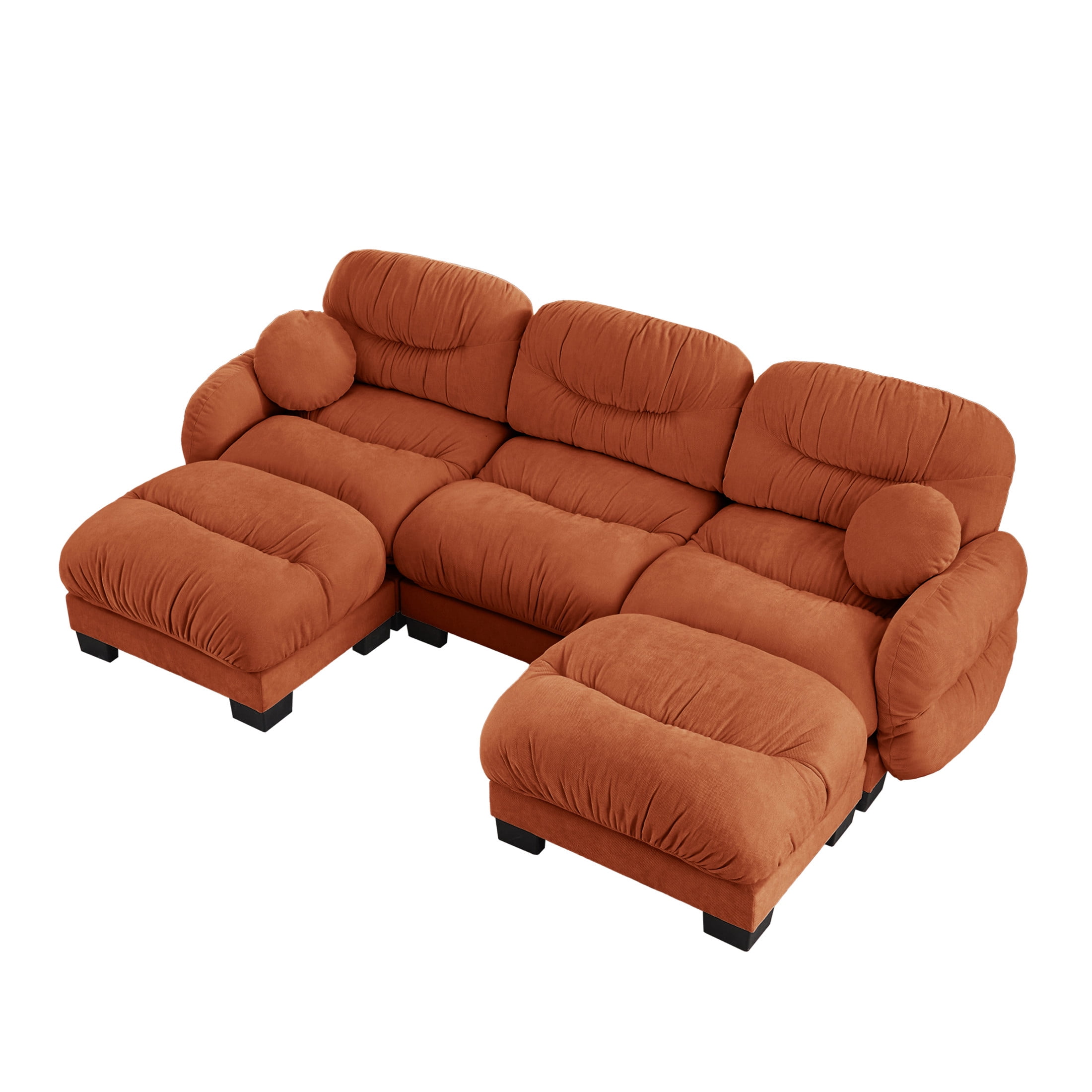 Noble House Corlan Pleated Chenille 3-Seater Sectional Sofa, Modular Deep Seat Couch with 2 Ottomans and Throw Pillows, Orange