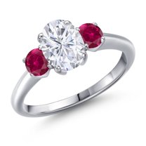 Gem Stone King 925 Sterling Silver Red Created Ruby Ring Set with Oval Moissanite (2.00 Cttw)
