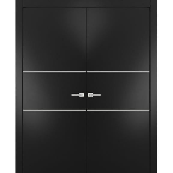 Solid French Double Doors 36 x 80 inches | Planum 0110 Matte Black with Frosted Glass | Wood Solid Panel Frame Trims | Closet Bedroom Sturdy Doors