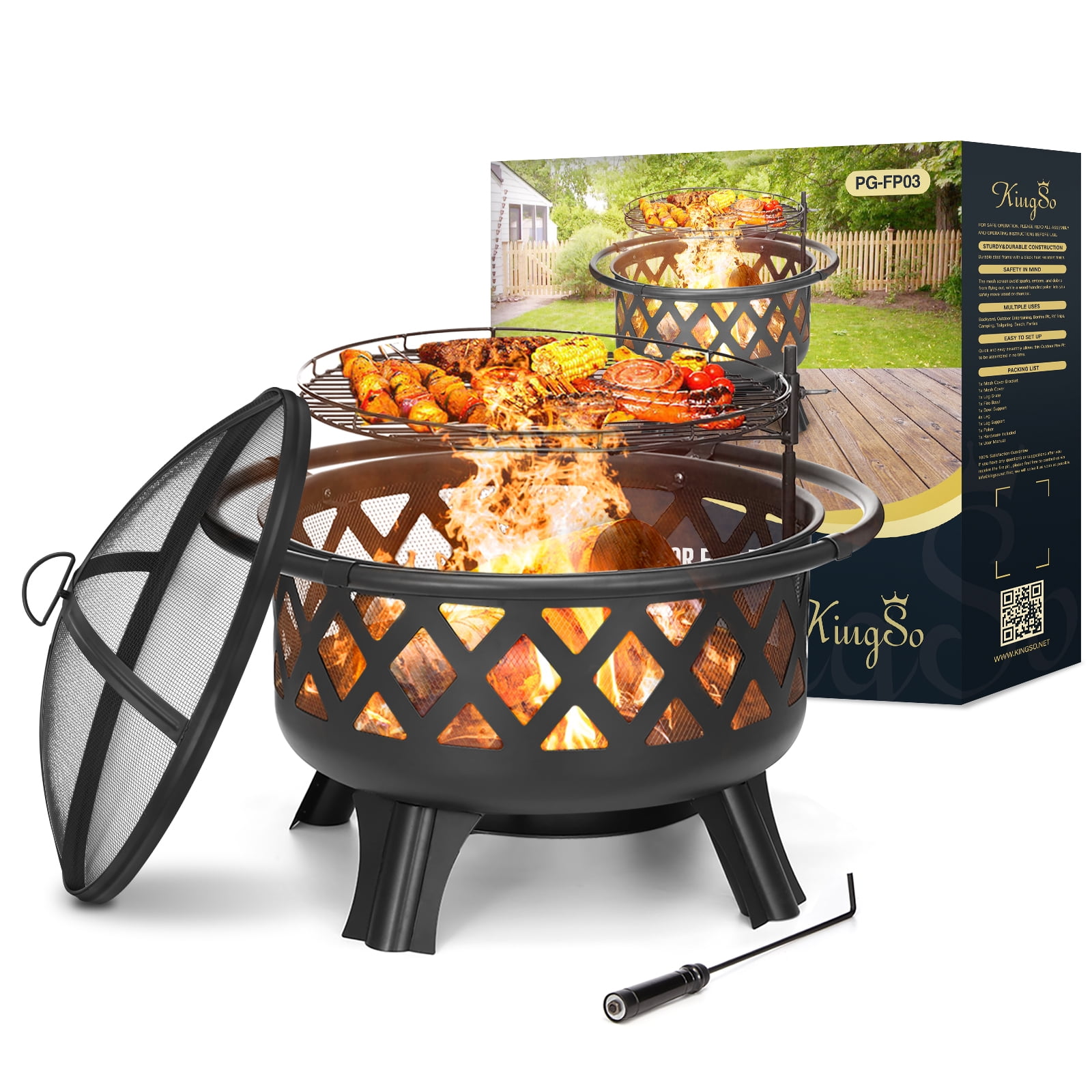 Giantex Outdoor Firepit Wood Burning Patio & Backyard Fire Pit Black Curved Legs Round Picnic Firebowl Portable Folding Metal 30 Fire Bowl with BBQ Grill Spark Screen Cover and Poker 