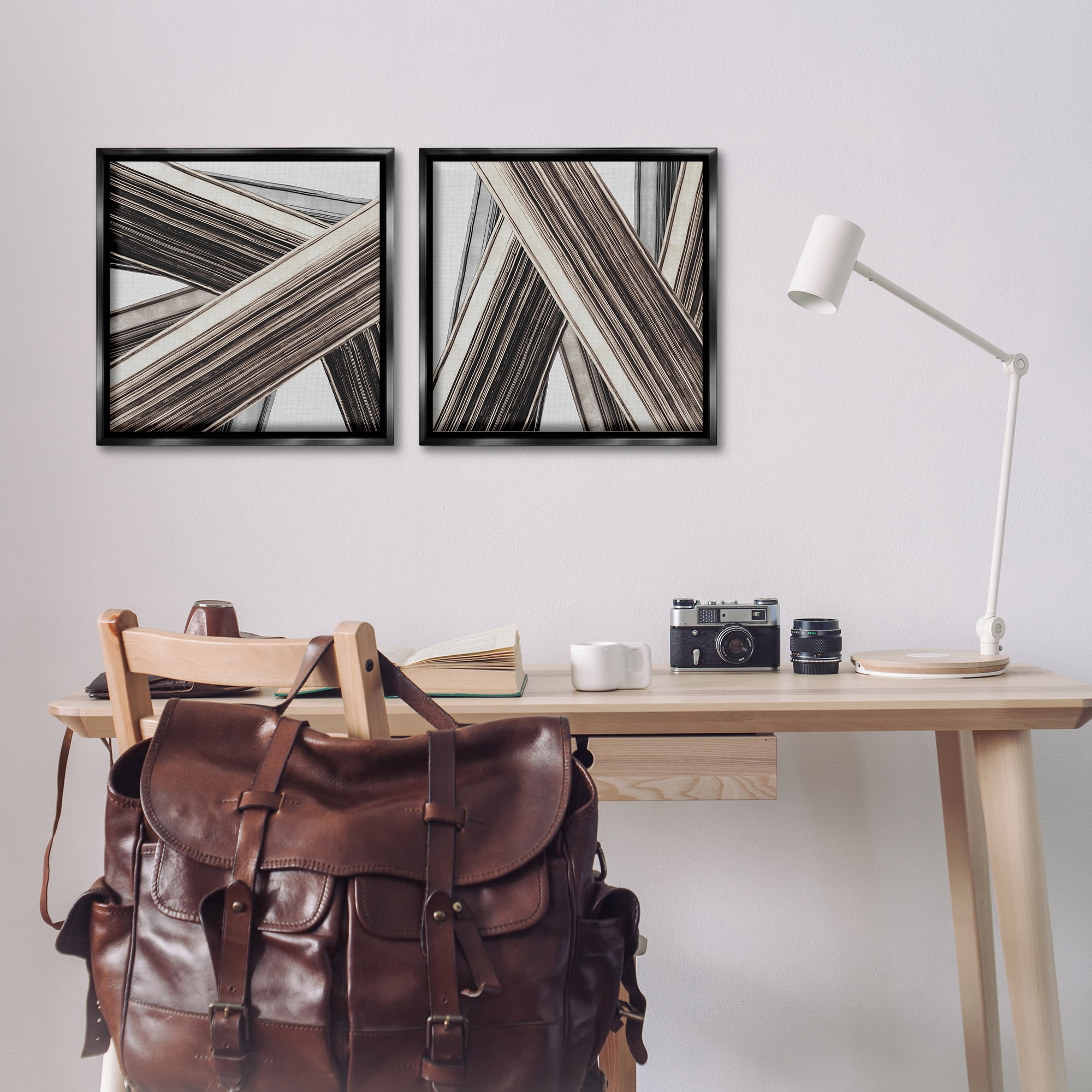 Stupell Industries Industrial Linear Crisscross Abstract Painting Black Floater Framed Canvas Art Print Wall Art, 18 x 18, Set of 2