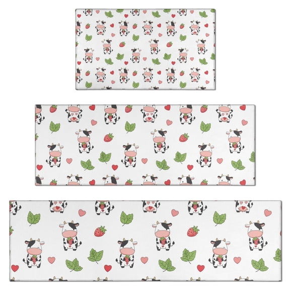 White Cow Strawberry Heart Pattern Kitchen Rugs Sets Of 3,Kitchen Runner Rugs Non Skid Washable,Decorative Kitchen Floor Mats for Kitchen,Sink,Laundry,17"x30" 17"x47" 17"x59"