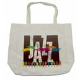 thumbnail image 1 of Music Shopping Bag, Colorful Jazz Sign with Various Performer Silhouettes Illustration in Retro Boho Art, Eco-Friendly Reusable Bag for Groceries Beach and More, 15.5" X 14.5", Cream, by Ambesonne, 1 of 2