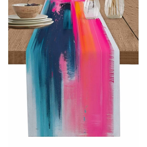 Ldtrchee Pink Teal Black Table Runner 90 Inches, Modern Oil Painting Contemporary Bed Runner Dresser Scarves Tabletop for Indoor Outdoor Parties/Ceremony/Banquet, 13" x 90"