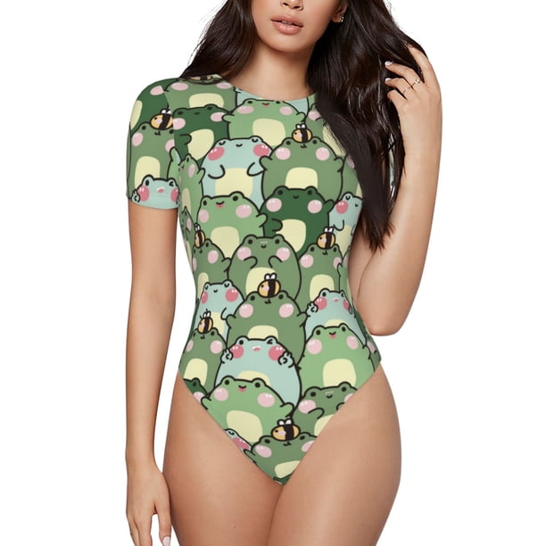 Fotbe Cute Frog Body de Mujer con Cuello Redondo y Mangas Cortas, Sin Mangas Ajustado, Suave, Cómodo y Básico-X-Large