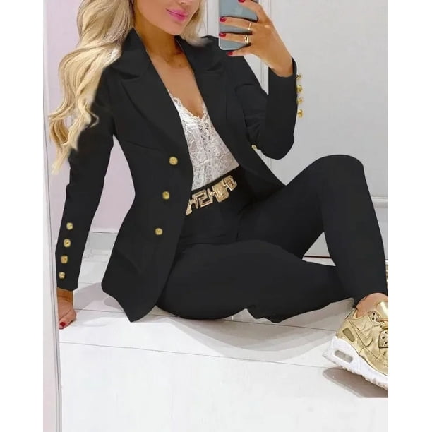 Nuevo 2024 conjuntos de pantalones formales de oficina para mujer, 2 uds., Blazers lisos con doble botonadura, chaqueta y pantalones, conjunto de dos piezas, trajes de pantalón femenino