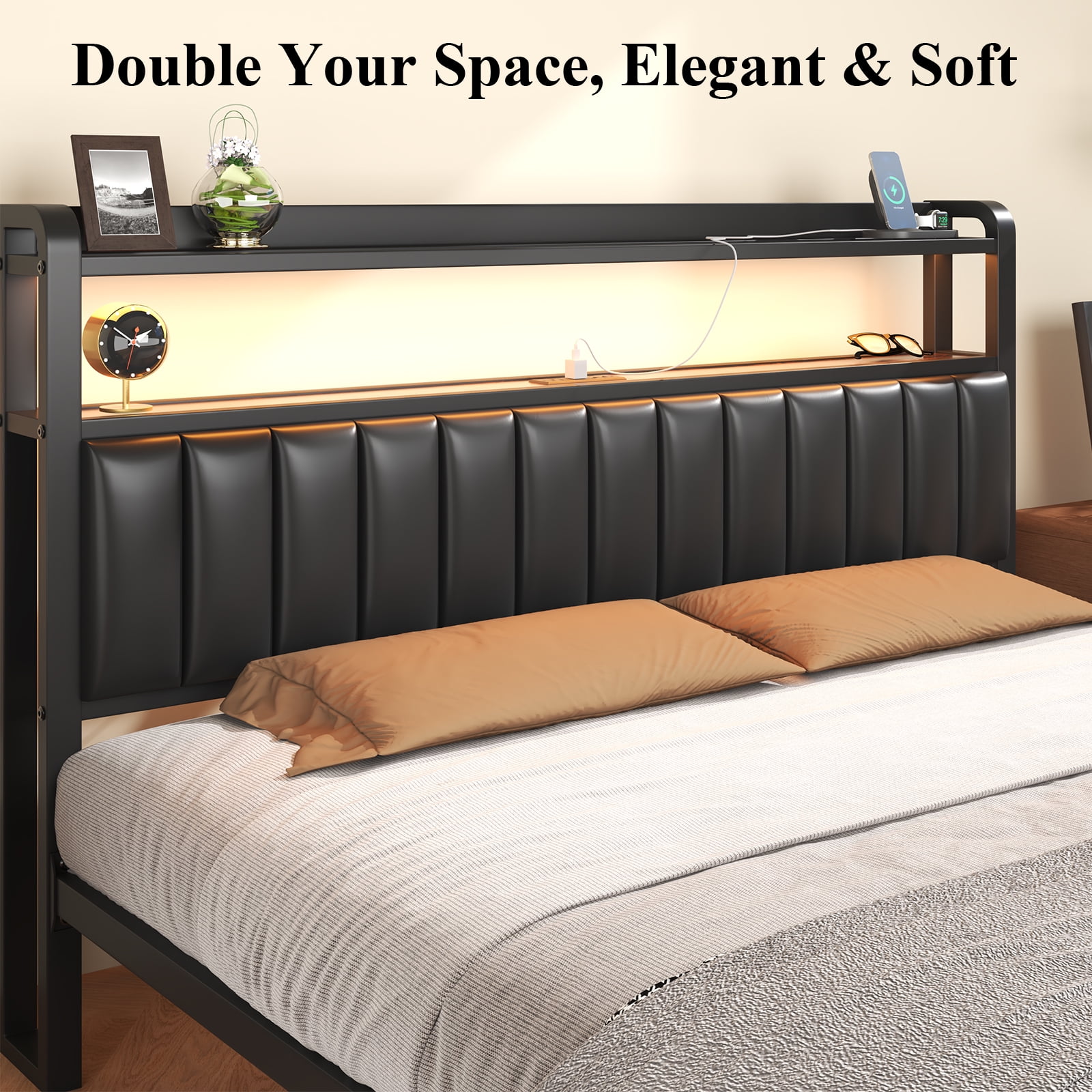 Full Size Bed Frame with LED Headboard, Metal Platform Bed with Storage Drawer, No Box Spring Needed