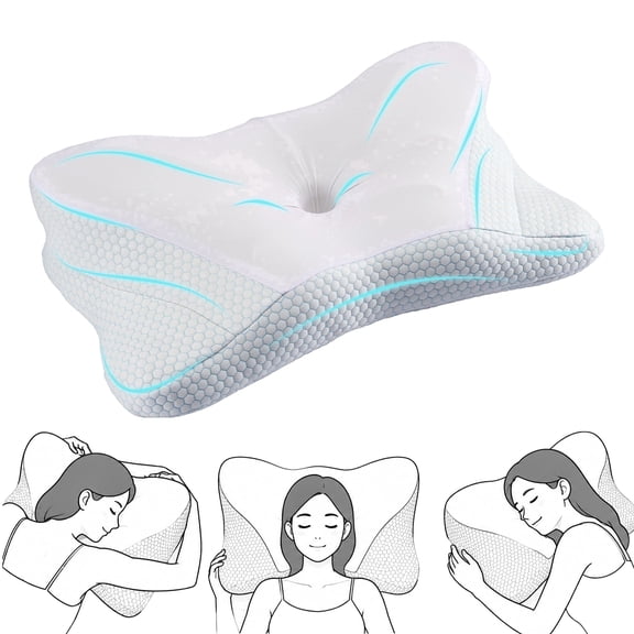 edx Queen Size Ergonomic Cervical Pillow for Pain Relief Sleeping, Contour Orthopedic Bed Pillow for Back Stomach Sleepers, White-Blue