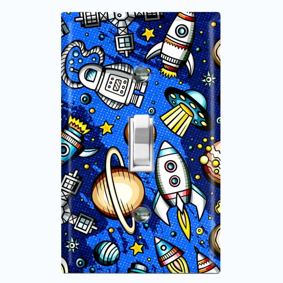 Metal Light Switch Wall Plate Outlet Cover (Spaceship UFO Astronaut Rocket Outerspace Star Blue - Single Toggle)