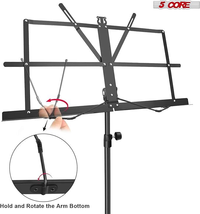 5Core Music Stand For Sheet Music Portable Tripod Adjustable Folding With Lights Note Holder BLACK
