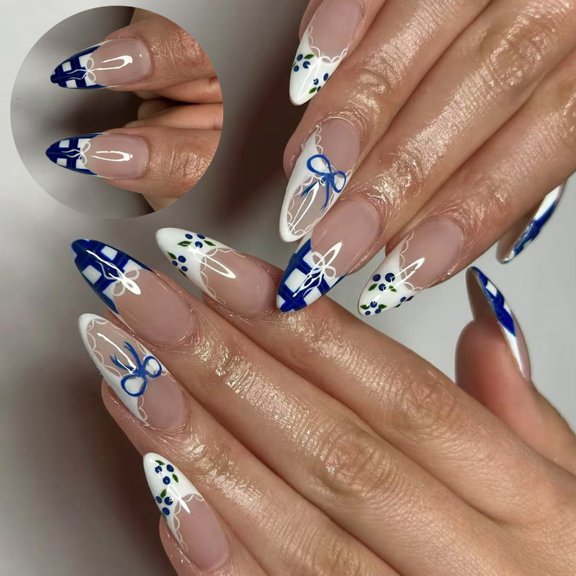 ROZYARD 24pcs Almond Press On Nail French Tips False Nail With Bows Designs Nail Art