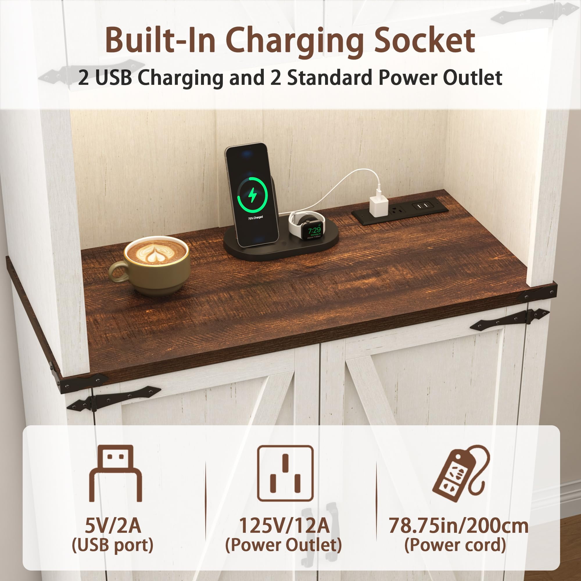 ANPOO 72'' Tall Farmhouse Kitchen Pantry Cabinet with LED Light and Power Outlet, 10 Hanging Shelves, Adjustable Shelves, Versatile Large Rustic Cabinet for Kitchen, Dining Room, Living Room