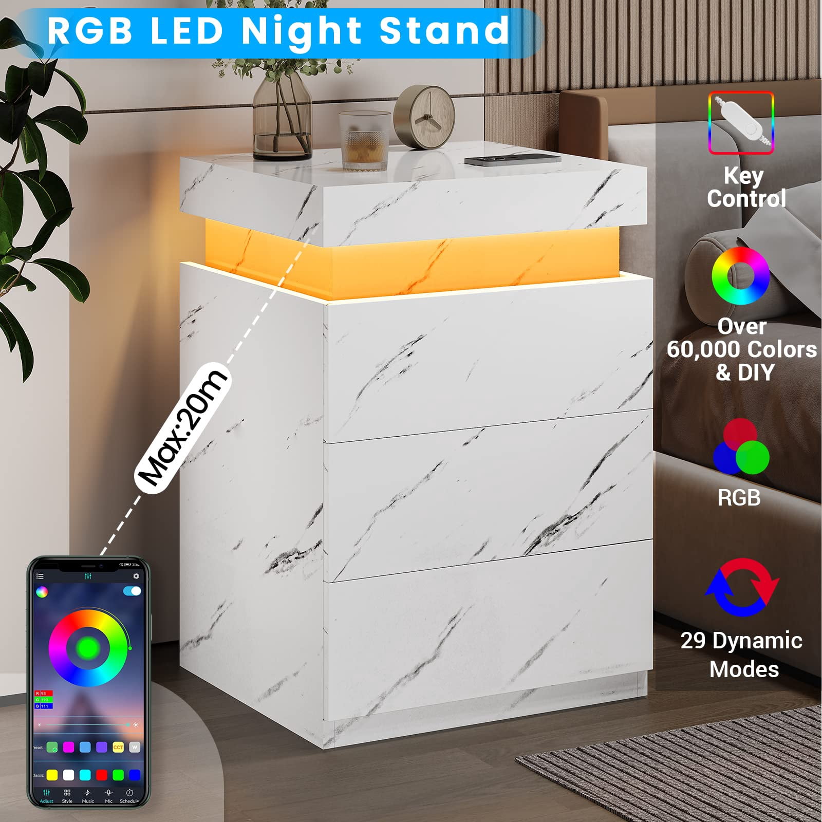 Modern LED Nightstand with 3 Drawers , White Nightstand Bedside Table Storage with Drawer Charging Station for Bedroom,USB Port,Smart Night Table with Sliding Top,2Pcs