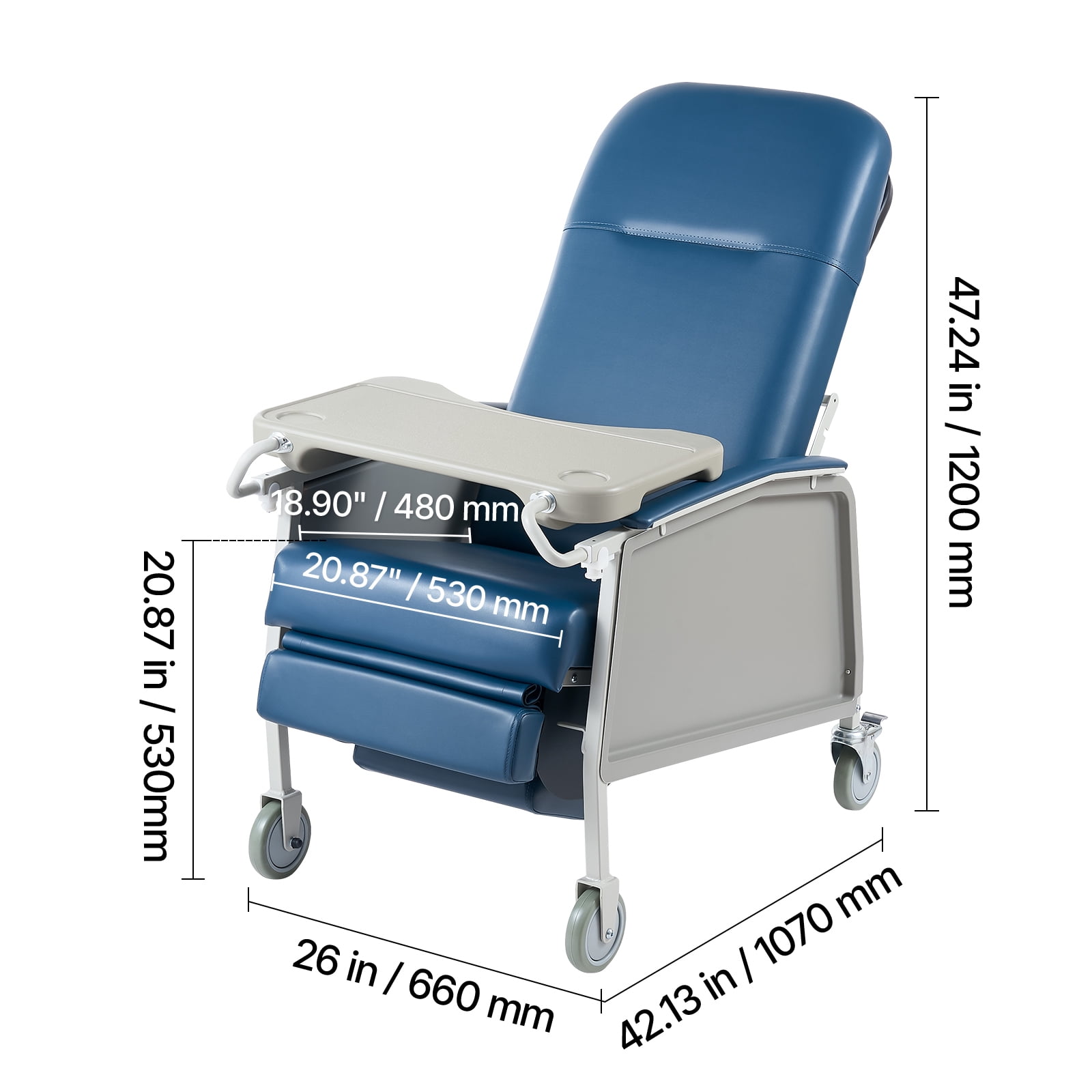 KFFKFF 3-Position Reclining Chair with 500 lbs Capacity, Comfortable Medical Recliner with Wheels, Padded Seat, and Tray Table for Healthcare Facilities and Home Care