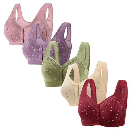 5 Packs No Underwire Underwear Women Daisy Bra Convenient Front Close Button Bras Older Women Comfort Cotton Bras Plus Size Bras for Women Wireless Women Push Up Bras Wireless