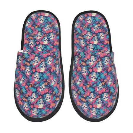 

Rateoe flower Skull leaf colorful Pattern Fuzzy Slippers Fuzzy Soft House Slippers Plush Furry Warm Cozy Open Toe Fluffy Home Shoes-Medium