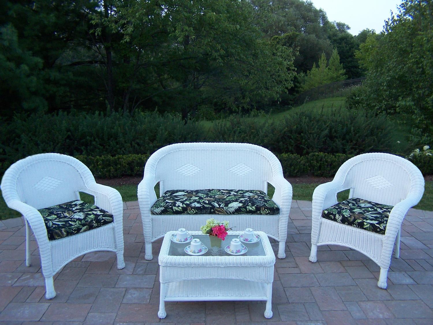 53.5” 4 Pc. White Outdoor Wicker Loveseat, Chairs and Coffee Table Set