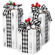 3 Pcs Wooden Gifts Box Decor White Black Plaid Presents Table Centerpieces Rustic Wooden Gifts Tiered Tray Decor with Buffalo Plaid Bowknot for Xmas Party Decor