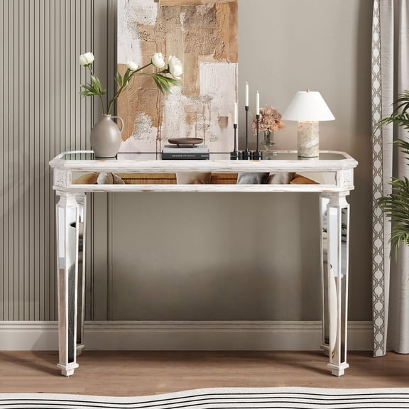 Atumcto 48 in Console Table with Mirrored Finish, Vintage Wood Grain and Carved Edge for Entryway, Oak