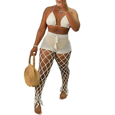 

SAYOO 2 Pcs Women Hand-crochet Outfits Tie-up Solid Color Halter Bra + Hollow-out See-through Fishnet Trousers