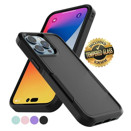 Shockproof Case for iPhone 14/14 Pro Max/14 Plus, Phone Case for iPhone 14 /Pro/ Max with Screen Protector, EBIZCITY Protection Armor Hard Plastic & Rubber Rugged Bumper 2-in-1 Case Cover -Black