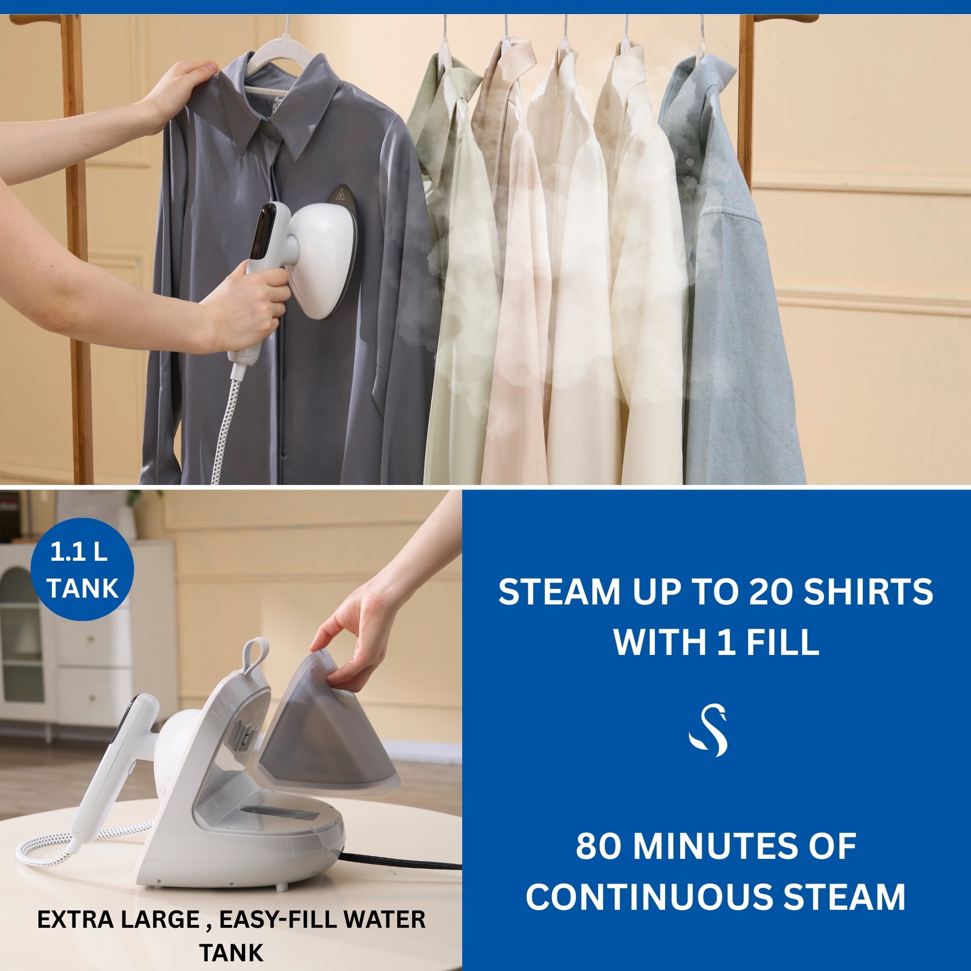SALAV Deluxe DuoPress Steamer and Iron Station with Steam Levels and Digital Display, White