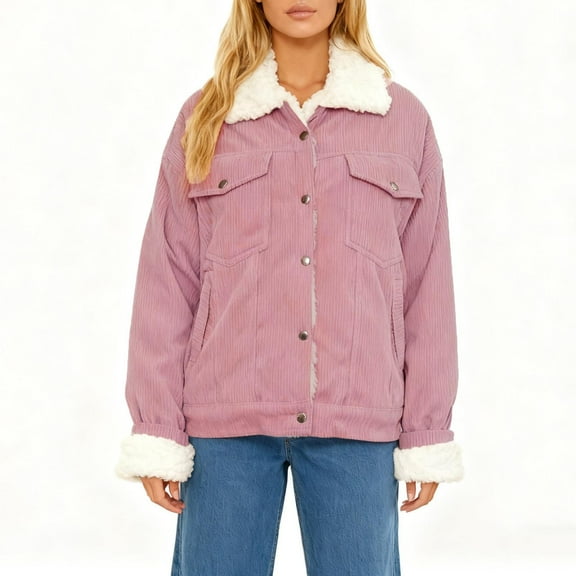 Uaswgudfs Women's Solid Color Corduroy Jacket Buttoned Collar Faux Fur Trim Long Sleeve Casual Outerwear with Two Pockets Pink L