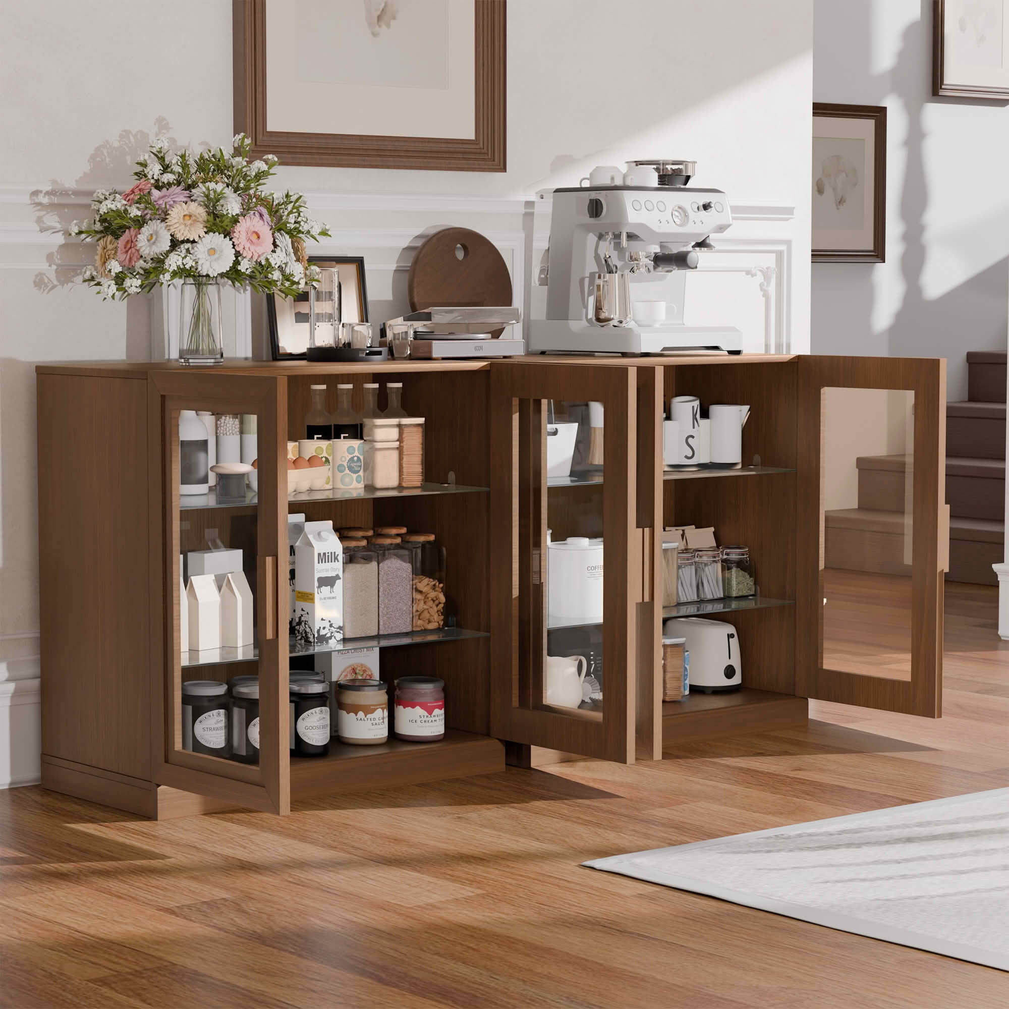 MAYEERTY 31x31x16 Inch Light Walnut Wood Grain Storage Cabinet with Glass Door for Living Room
